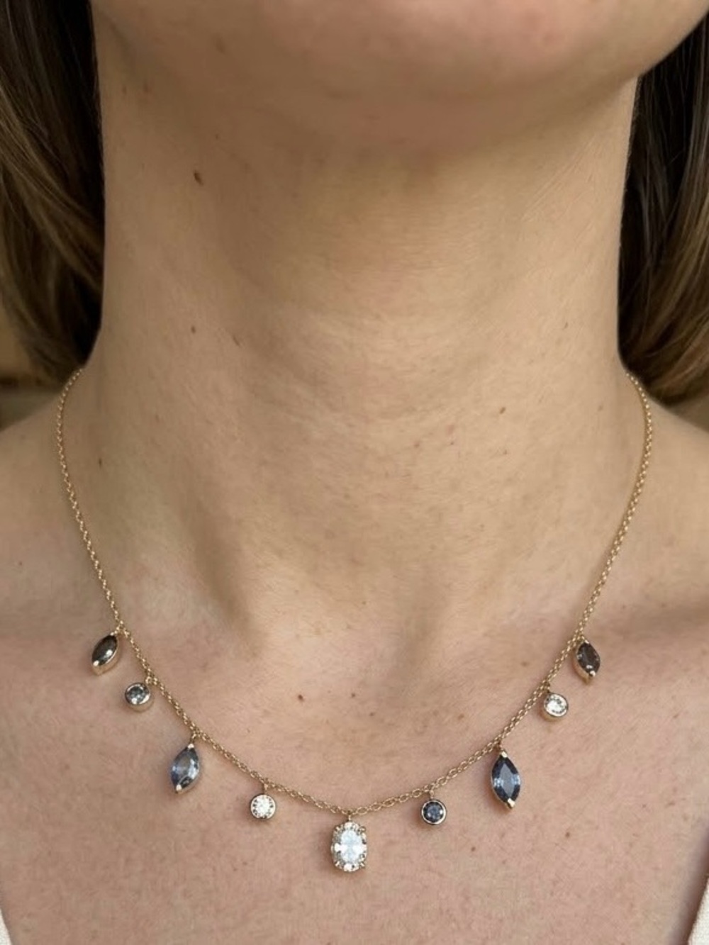 Delicate Gold Bezel Set Crystal Station Dangle Drop Necklace Adjustable
